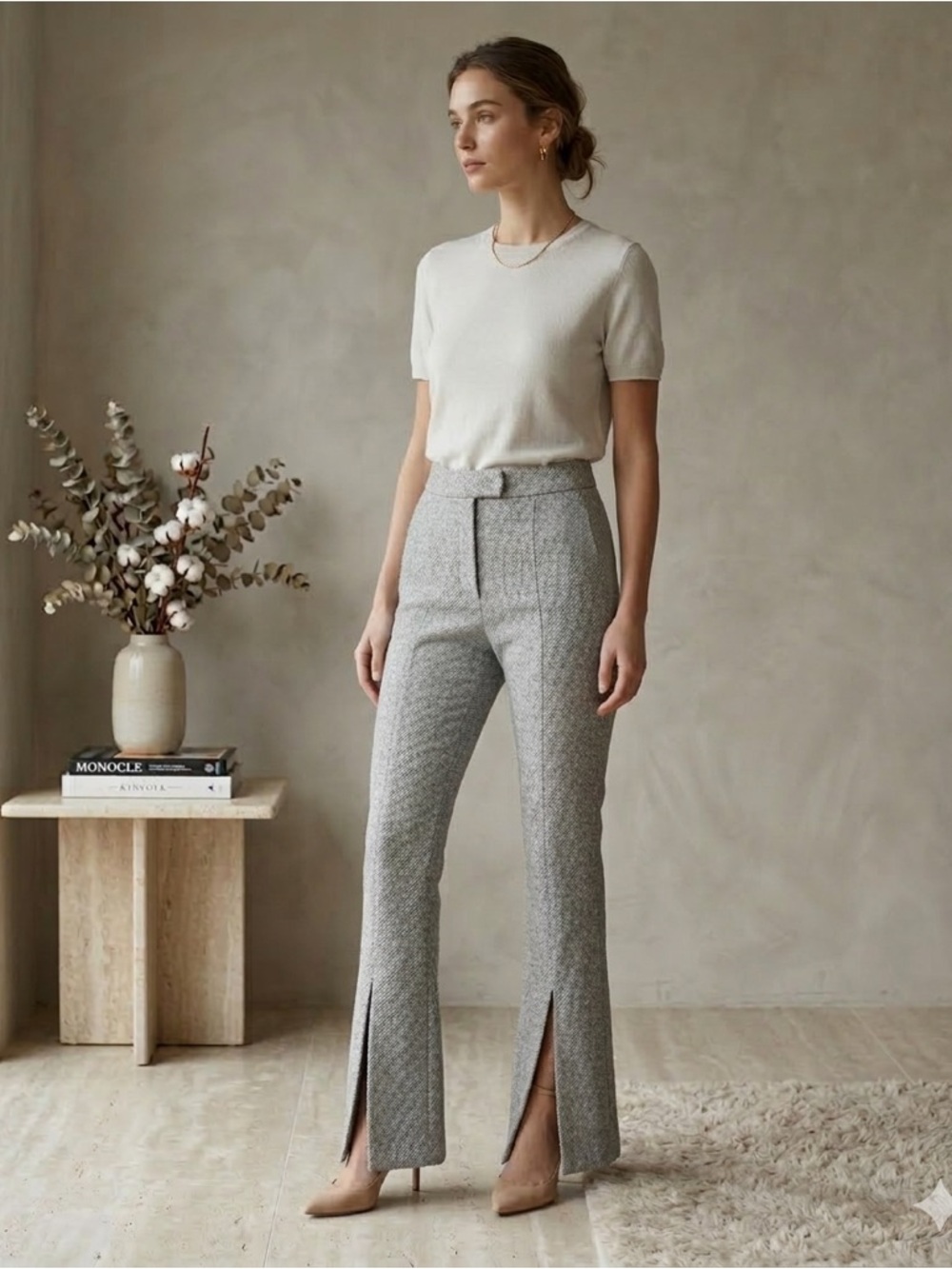 Topshop Jersey Knit Flare Trousers Split Hem Grey US 4